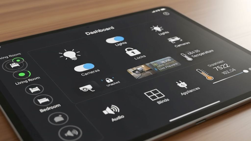 Dashboard interface showing centralized smart home control with icons for lights, locks, cameras, and temperature on tablet screen