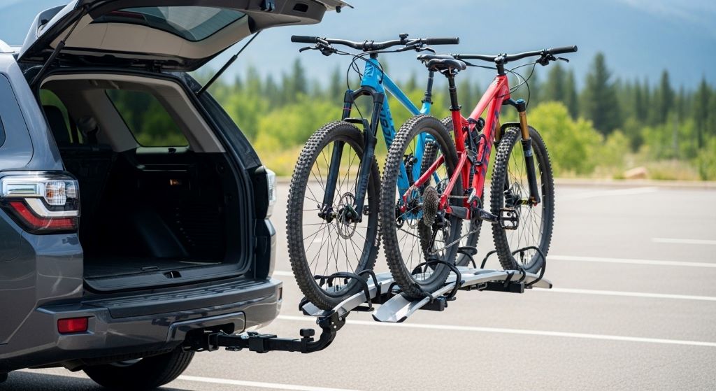 Platform-style bike rack on SUV showing tilted position for rear door access with bikes loaded