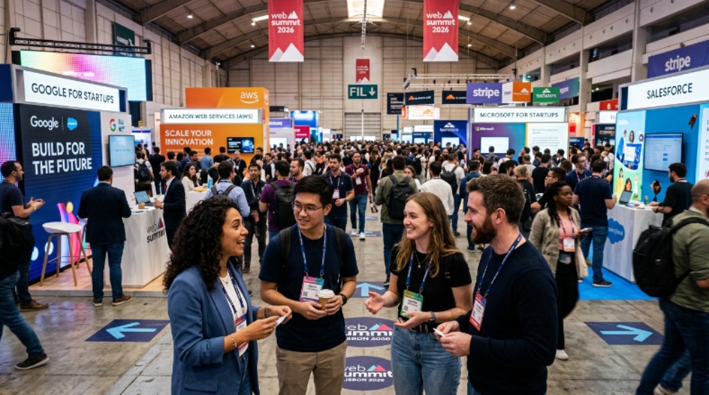 Startup founders networking on the exhibition floor at Web Summit 2026 in Lisbon's FIL pavilions, surrounded by booth displays from global tech companies