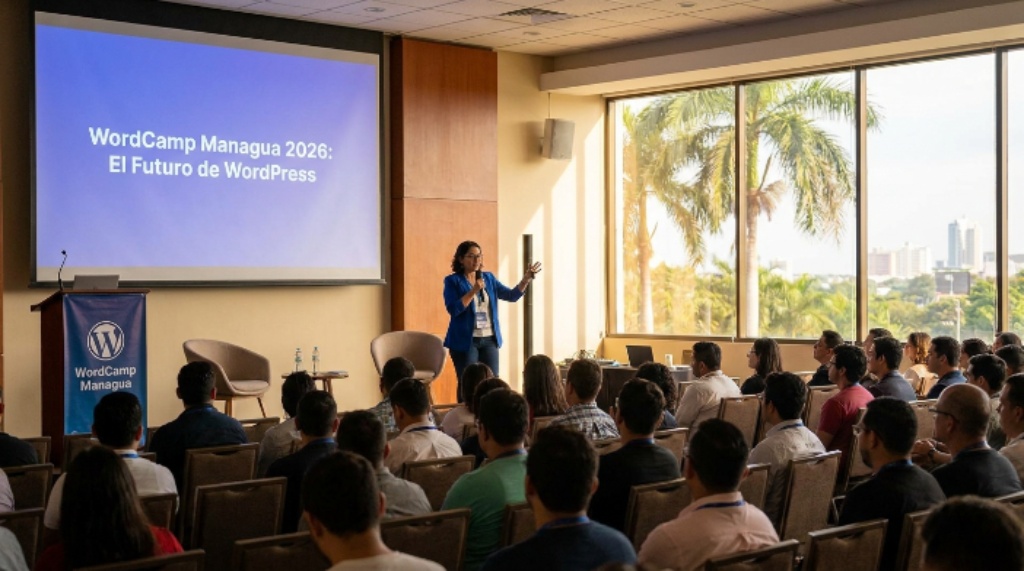 Speaker presenting a WordPress session at WordCamp Managua 2026