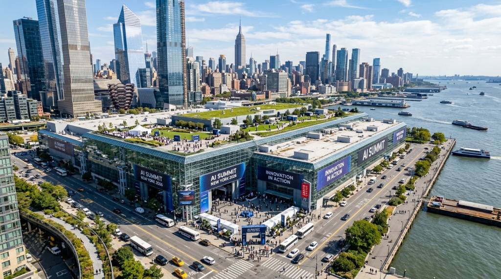 Aerial view of the Jacob K. Javits Convention Center in New York City, venue for the AI Summit New York 2026