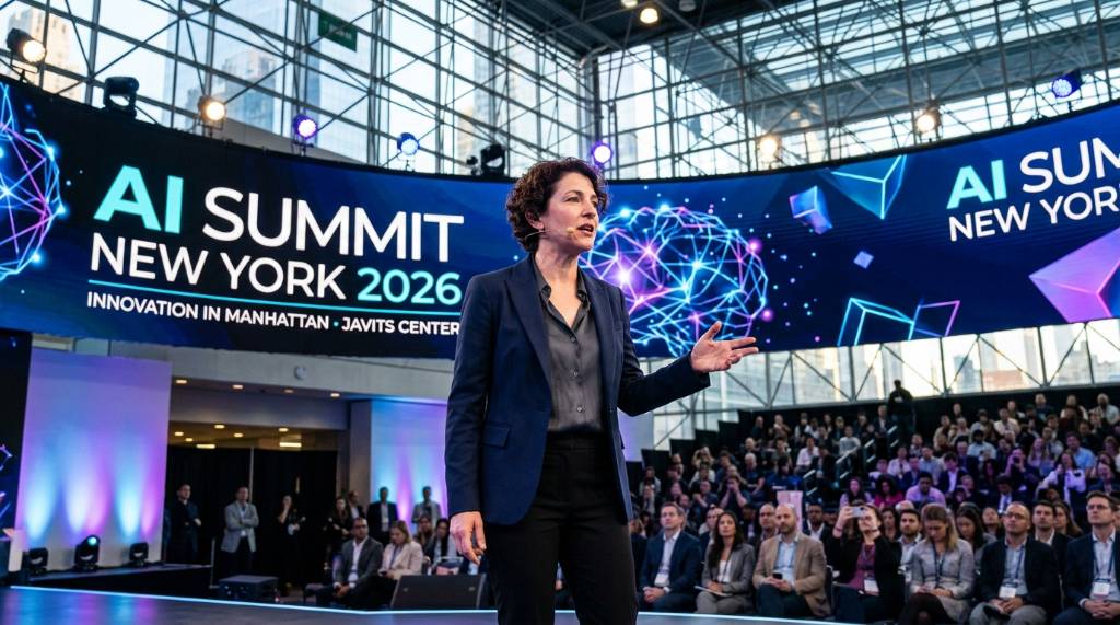 Speaker presenting on stage at the AI Summit New York 2026 at the Javits Center in Manhattan