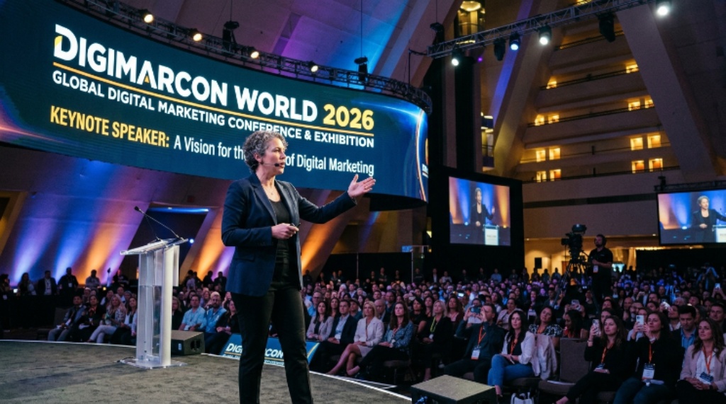 DigiMarCon World 2026 keynote speaker presenting on stage at Luxor Las Vegas