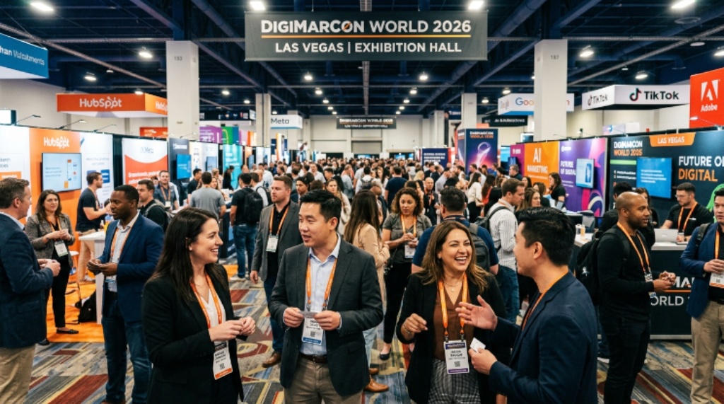 Attendees networking at DigiMarCon World 2026 exhibition hall Las Vegas