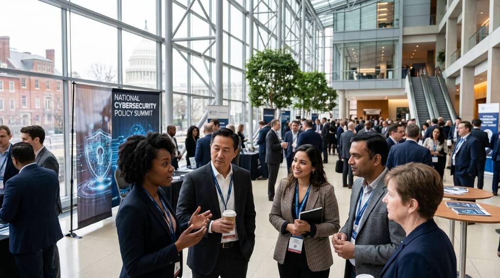 Diverse group of cybersecurity professionals networking at a policy summit in a modern Washington D.C. venue