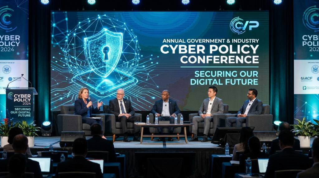 Panel of cybersecurity experts speaking on stage at an annual government and industry cyber policy conference