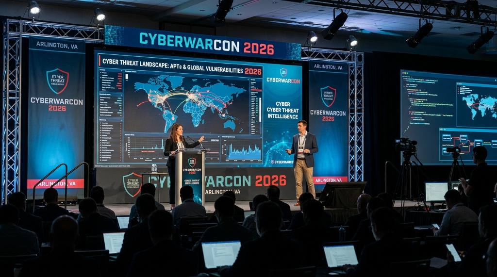 CYBERWARCON 2026 conference stage with cyber threat intelligence researchers presenting in Arlington Virginia