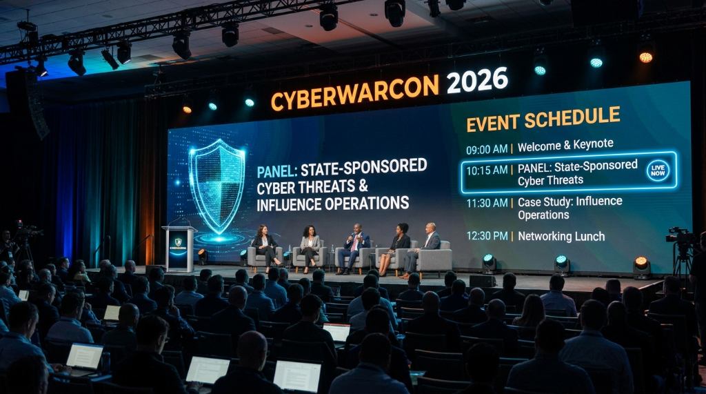 CYBERWARCON 2026 event schedule and speaker panel discussing state-sponsored cyber threats and influence operations